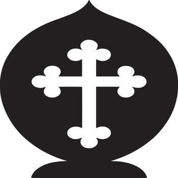 A black and white graphic of a cross inside of a shape resembling a bishop's mitre on white background vector