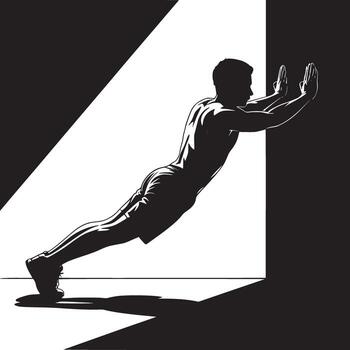 Silhouette of a man doing a wall push up exercise in a high contrast black and white setting indoors vector