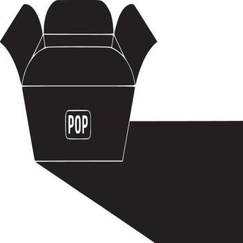 A black and white graphic of a popcorn container with the word pop on the front and a shadow cast vector