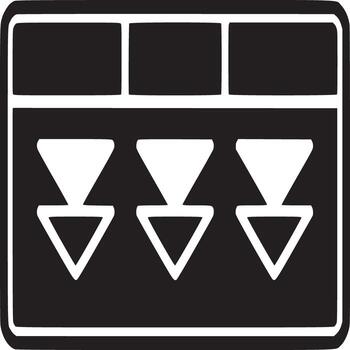 A black rectangle with three white squares and three downward pointing arrows inside on white background vector