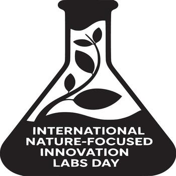 Black and white graphic of a flask with a plant inside and text about innovation labs day below it vector
