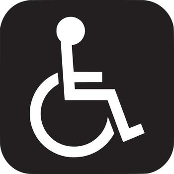 A black square sign with rounded corners displaying a white wheelchair accessibility symbol in the center vector