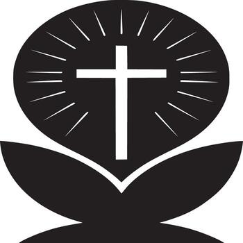 Black and white graphic of a cross inside a circle with rays above leaves on a white background vector