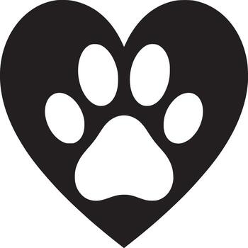 A black heart shape with a white paw print inside on a white background in a simple design style vector
