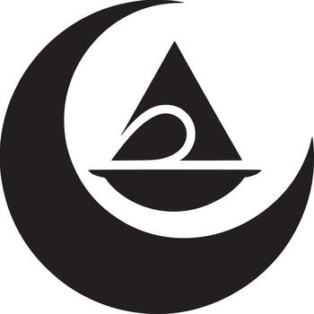 A black and white graphic design featuring a crescent moon and a triangle with a curved line inside it vector