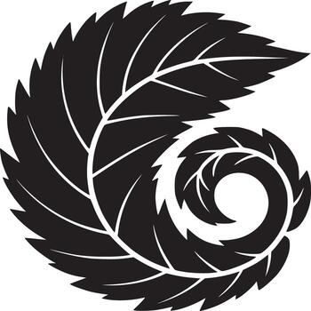 A black and white graphic design of a swirling leaf pattern against a white background image art vector