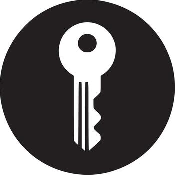 A white key icon centered on a black circle against a plain white background in a simple design vector