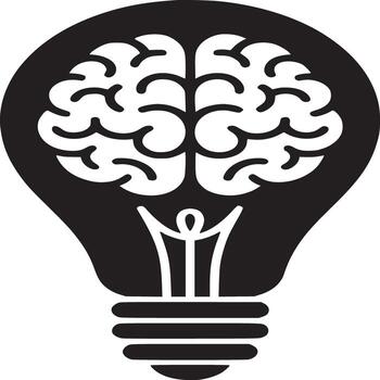 Illustration of a lightbulb with a brain inside of it in black and white on a white background vector