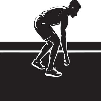 Silhouette of a runner in starting position on a black and white track ready to sprint forward fast vector