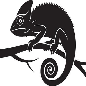 Black silhouette of a chameleon perched on a branch with a curled tail in a simple design style vector