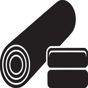 A black and white illustration of a rolled mat and two blocks on a plain white background design style vector