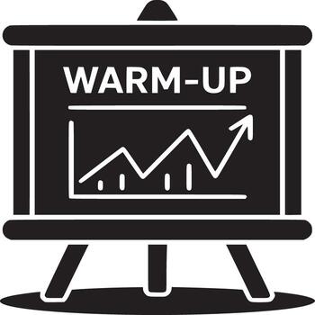 A black and white image of a presentation board showing a warm up graph with an upward trend vector
