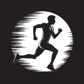 Silhouette of a man running against a white circle with speed lines on a black background art vector