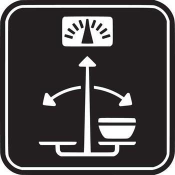 Black and white square sign depicting a balance scale with an arrow and a small bowl like container vector