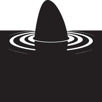 A stark black and white image showcasing a dark object emerging from rippling water surface in graphic style vector