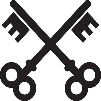 A simple black and white illustration of two crossed keys with intricate handles and key teeth vector