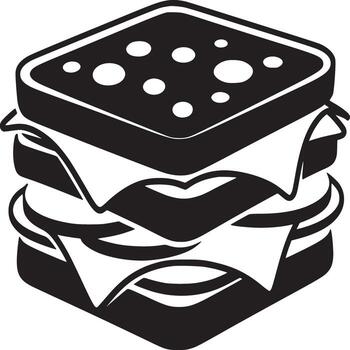 A black and white graphic illustration of a tall sandwich with multiple layers and circular toppings vector