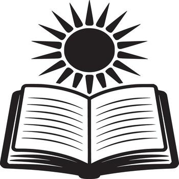 A minimalist black and white illustration of an open book with a sun shining above it on a white background vector