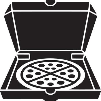 A graphic illustration of an open pizza box with a pizza inside on a white background in black and white vector