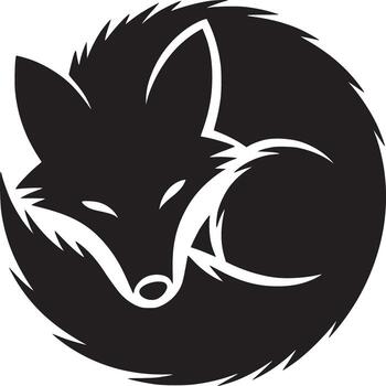 Stylized black and white image of a curled up fox in a circular shape on a white background vector