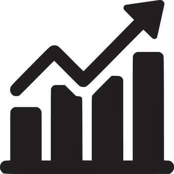 A simple black and white icon of a bar graph with an arrow pointing upwards indicating growth trend vector