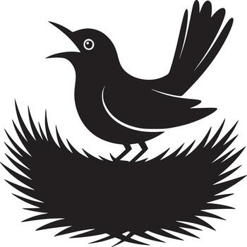 A black bird perched in a nest with its beak open against a white background simple illustration vector