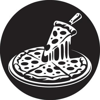A black circle containing a white pizza with a slice being removed and cheese dripping down from it vector