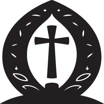 Black and white graphic of a christian cross inside an oval shape with decorative elements around it vector