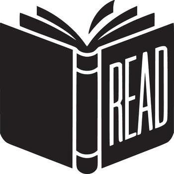 A black and white graphic of an open book with the word read on the cover in a simple design style vector