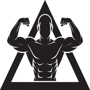 Silhouette of muscular man flexing arms inside a triangle shape on a white background design vector