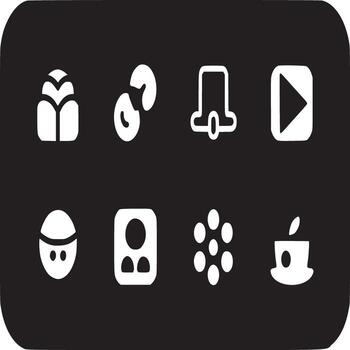 Collection of eight white glyph icons arranged on a black rounded rectangle background image art vector