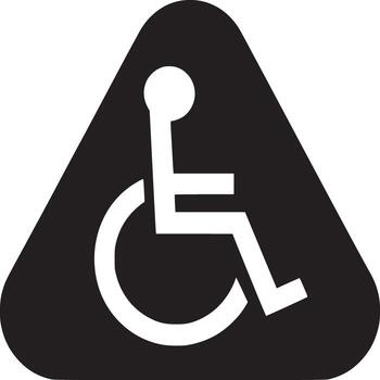 A black triangle with a white wheelchair symbol indicating accessibility and universal design features vector