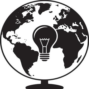 Black and white globe with continents and a lightbulb in the center on a white background image vector