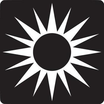 Black square with rounded corners containing a white sunburst design with a black circle in the center vector