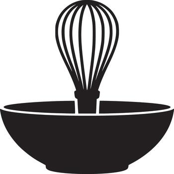 A black and white illustration of a whisk in a bowl on a white background in a simple style vector