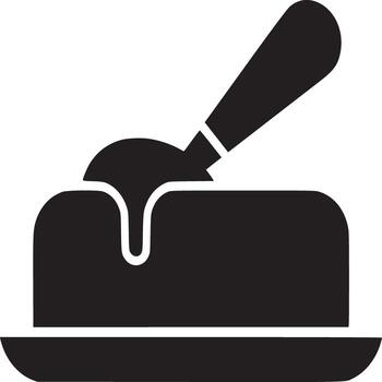 A solid black silhouette of butter on a small plate with a knife resting on top of the butter block vector