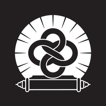 A graphic design of a white kamon symbol with a knot design on a black background with a scroll at bottom vector