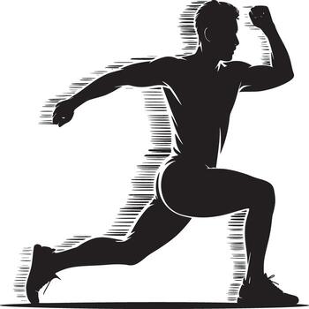Silhouette of a man in running pose with arm raised and leg forward on a white background design art vector