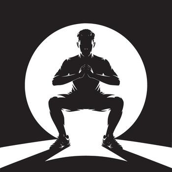 Silhouette of a man doing squats with hands clasped in front of a bright white circle background vector