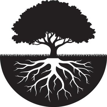 Silhouette of a tree with visible roots against a white background in black and white art style vector