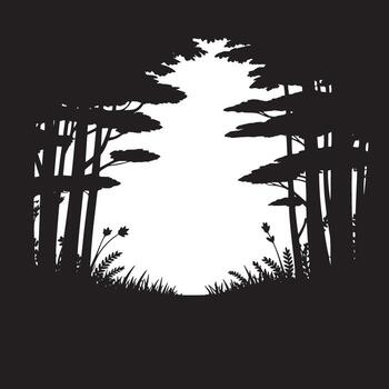 silueta de arboles y césped creando un marco en contra un blanco antecedentes en un bosque escena vector