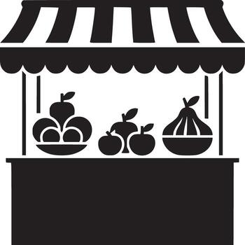 Black and white silhouette of a fruit stand with apples pears and other fruit on display neatly arranged vector