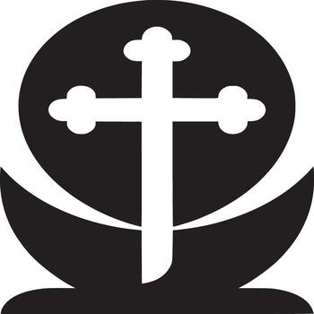 A minimalist black and white illustration of a cross inside a circle with curved shapes below it vector