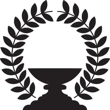 Black silhouette of a trophy with a laurel wreath surrounding it on a white plain background space vector