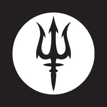 A black trident symbol centered in a white circle against a stark black background design element vector
