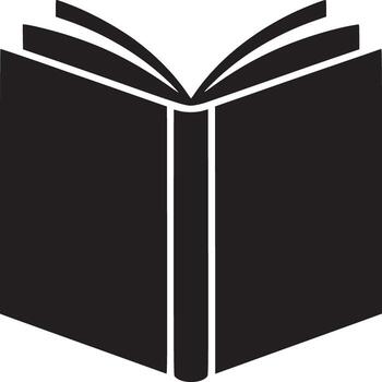 An open book with a black cover and white pages displayed on a white background in a simple illustration vector