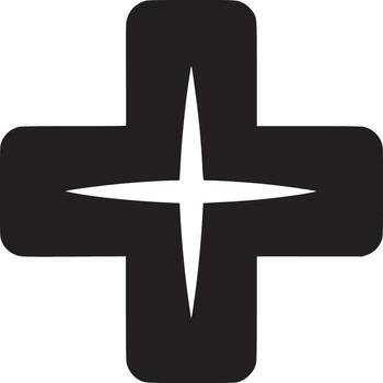A black plus sign with a starburst in the center on a white background in a simple minimalist style vector