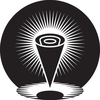 Monochrome illustration of a cone shape with concentric circles inside a radiating black circle vector