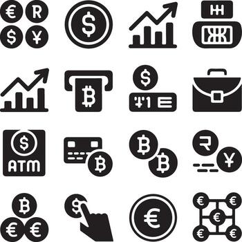 Collection of Stylish Black and White Finance Icons Depicting Global Currency Exchange, Bitcoin Transactions, and ATM Services in a Modern Setting vector