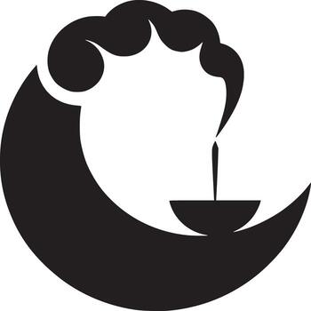 A graphic design of a crescent moon shape with a candle and smoke in black and white minimalist style vector